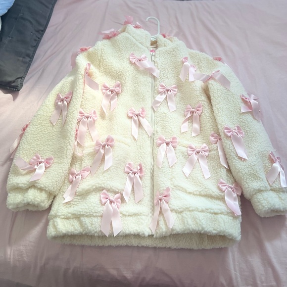 Sugar Thrillz Jackets & Blazers - Sugar Thrillz Cream Fleece Jacket with Pink Bows